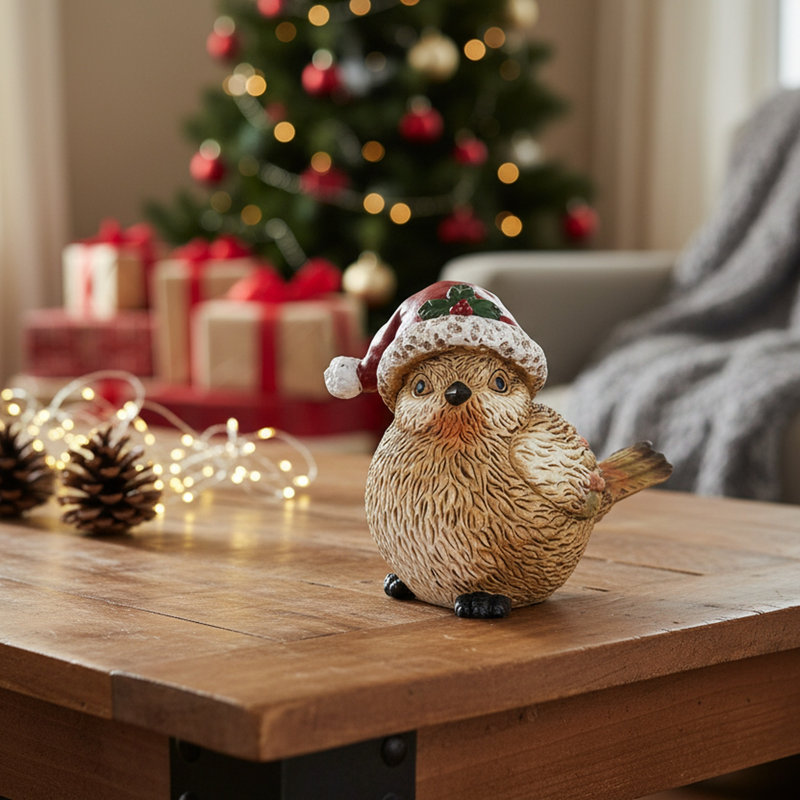 Oiseau en polyrésine avec chapeau de père Noël 4 po - ensemble de 2