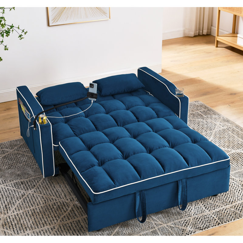 Lit moderne en velours bleu - 141 cm (55,51 pouces) pliable avec dossier réglable, port et support pour téléphone pour votre maison et usage idéal