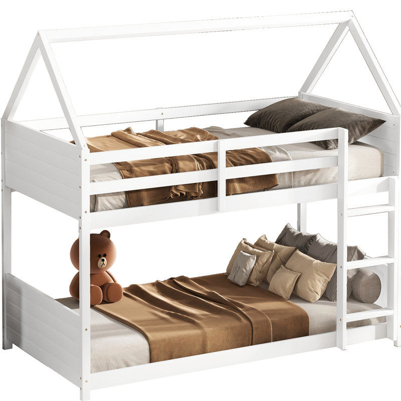 Lit simple superposé au-dessus d'un plancher en bois d'hévéa blanc - et style combiné pour les pieds de lit, Blanc