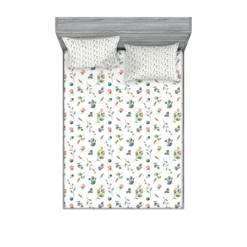 Drap-housse à motif floral Ambesonne Laurel - vert / blanc, Ensemble de draps pour lit double + 5 pièces supp