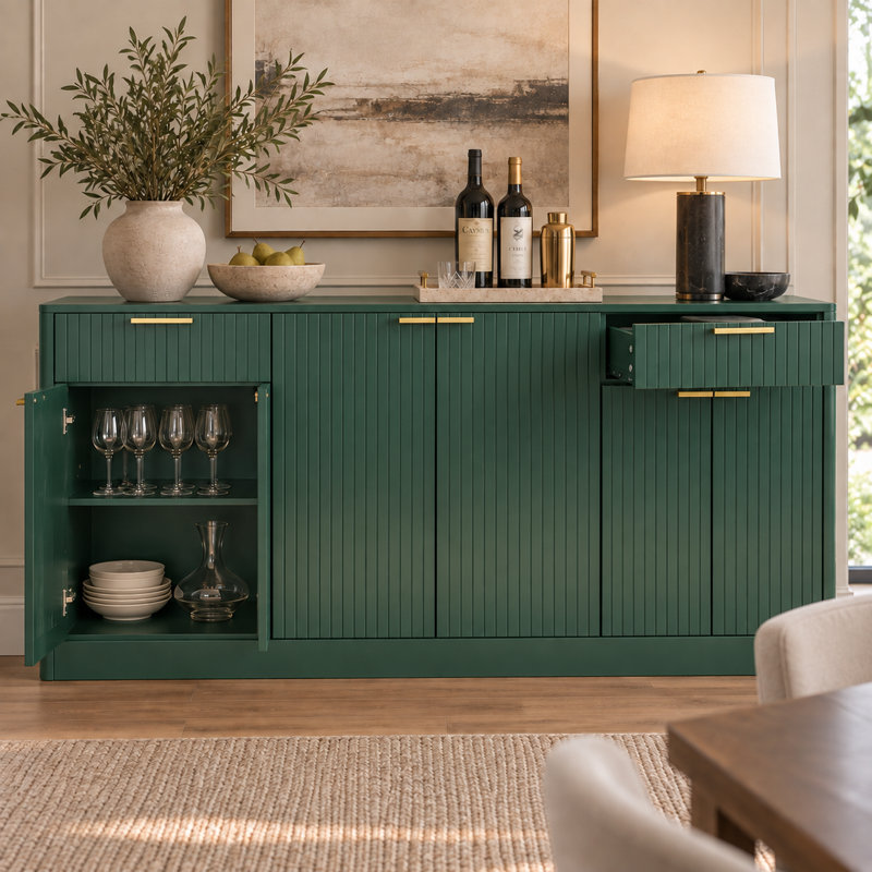 Buffet moderne cannelé de 170 cm avec 6 portes et 2 tiroirs, grand meuble de rangement pour coin café, idéal pour la salle à manger et le salon.