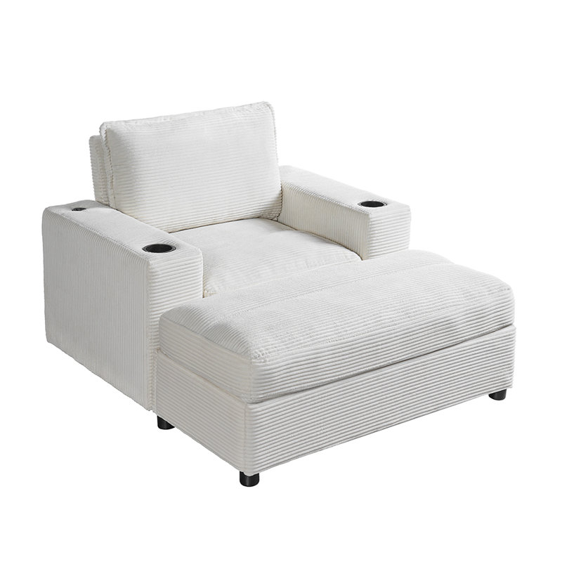 42.8" Oversized Chaise Lounge Chair With Storage Ottoman, Corduroy Sofa Bed With Cup Holders & USB Charging Port,, Beige
