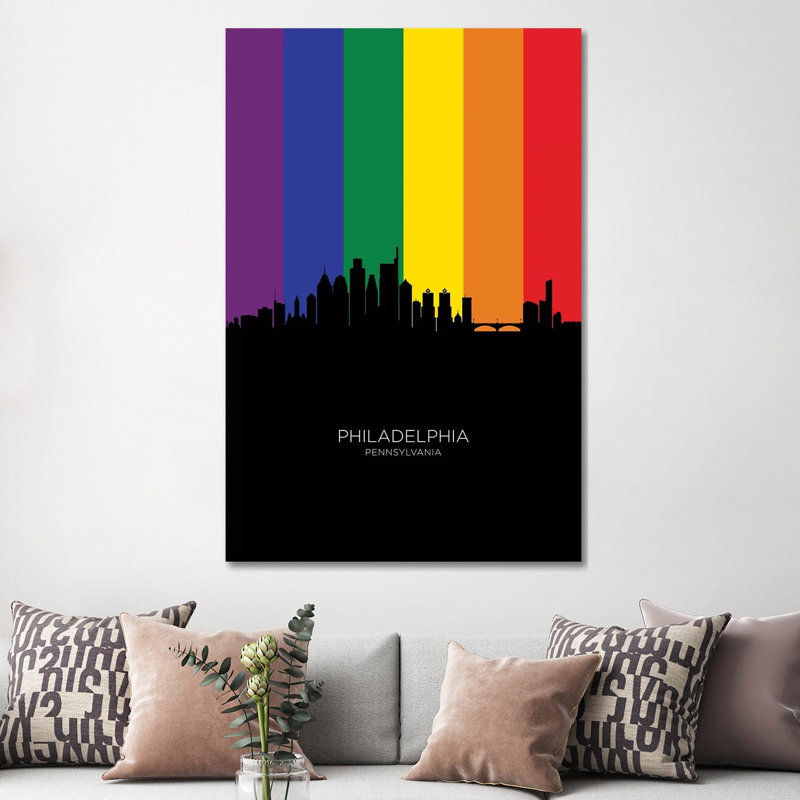 Philadelphia Skyline Rainbow Flag by Michael Tompsett - 1 Piece Wrapped Canvas Painting, 152.5 cm H x 101.5 cm W