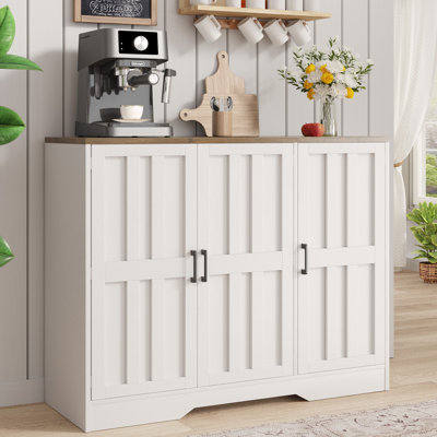 Modern Farmhouse Buffet Cabinet with Storage, 42" Large Sideboard Storage Cabinet with 3 Barn Doors, Coffee Wine Bar Cabinet Wood Table Credenza with Adjustable Shelf for Kitchen Dining Living Room