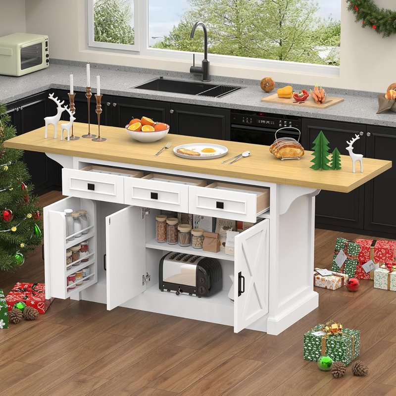71" Kitchen Island with Power Outlet & Drop Leaf, White