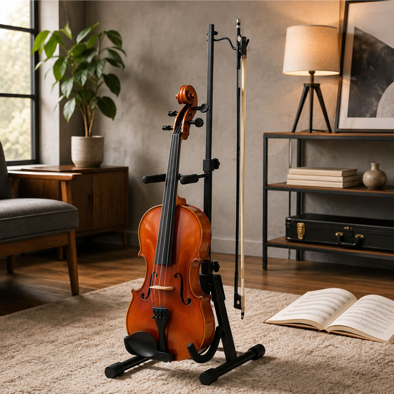 Support réglable pour violon et alto, support pour instruments pliable en acier avec étrier rembourré et support à arc