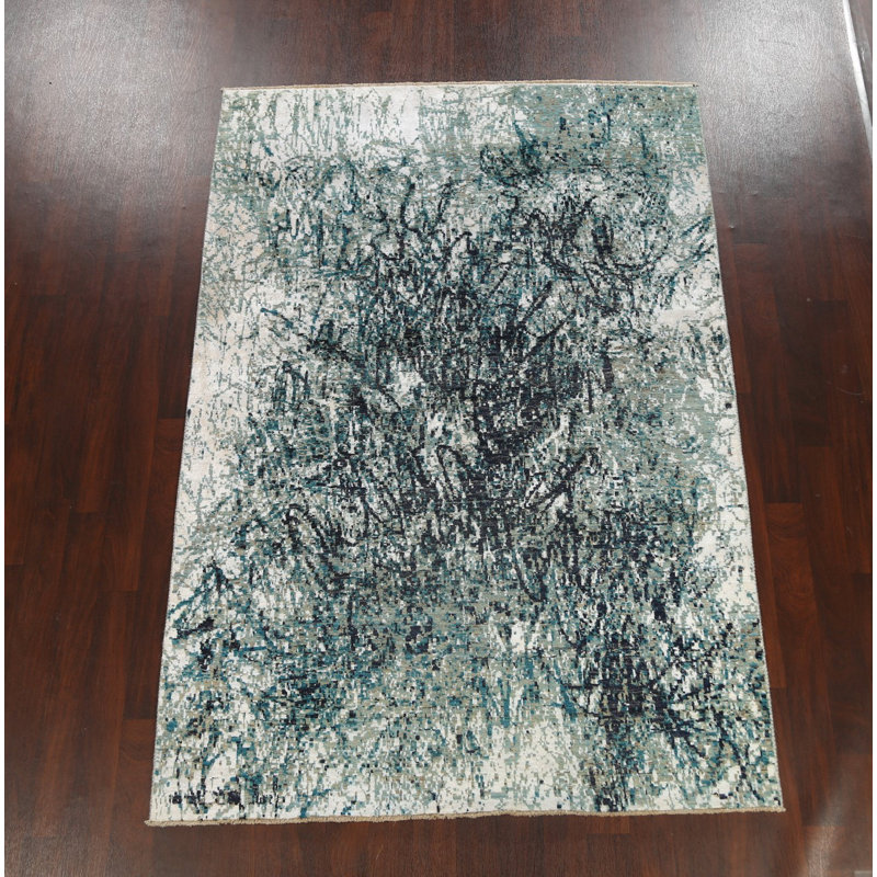 Tapis bleu clair noué à la main de conception unique 6 pi x 8 pi 10 po New Age