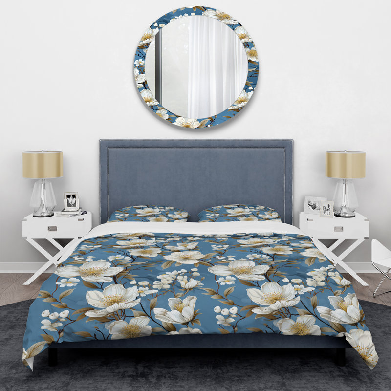 White And Blue Blossoms Floral Pattern II - Ensemble de housse de couette à motif floral
