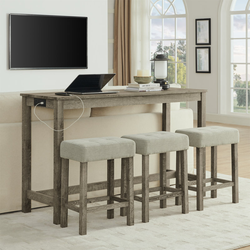 Miles 4-Piece Bar Table Set with Upholstered Stools & Power Outlets, Brown