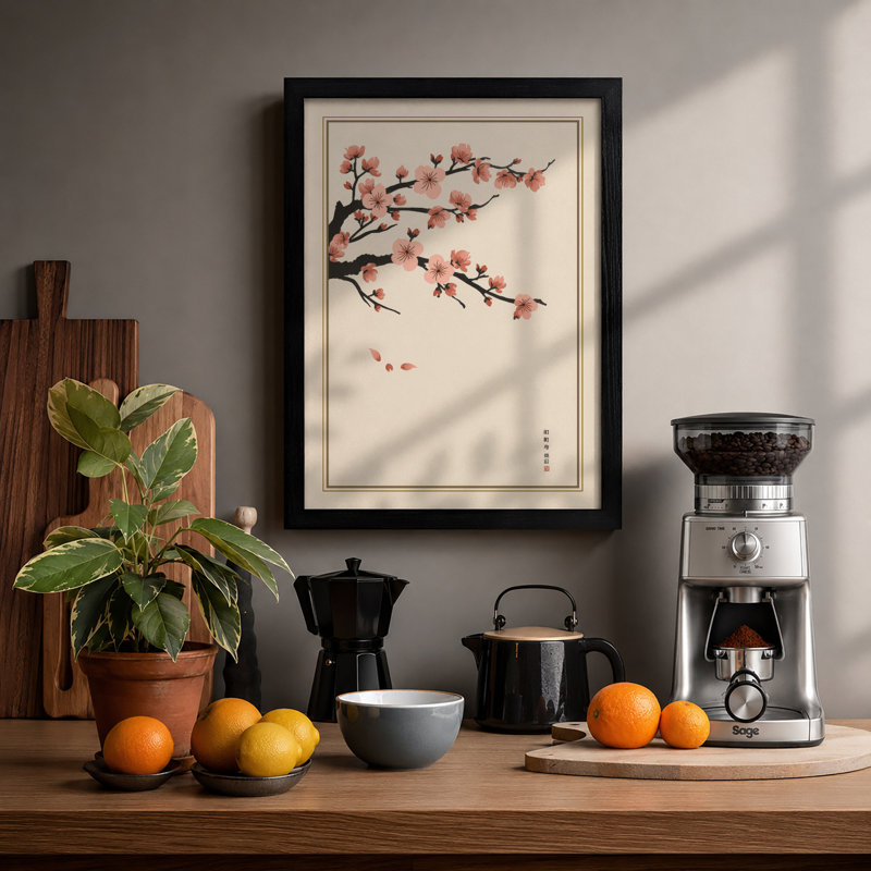Blossom and Bird Japandi - Framed Print, A1 - 84.1 x 59.4 cm, Black