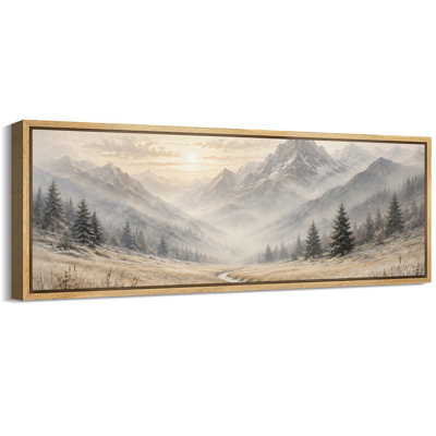 Snowy Mountain Valley Path Winter Landscape Wall Decor - Large Framed Canvas Master Bedroom Wall Art Print