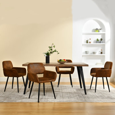 5-Piece Dining Set - Rectangular Table with Black Metal Legs and Suede Upholstered Armchairs For Kitchen Dining Room
