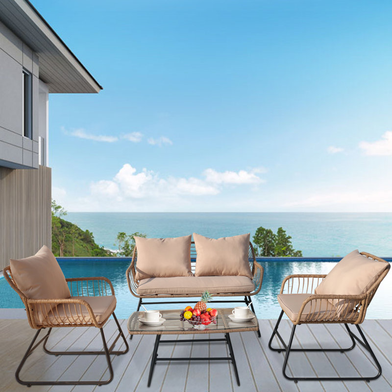 4-piece Patio Furniture Outdoor Bistro Set With Cushions, Beige