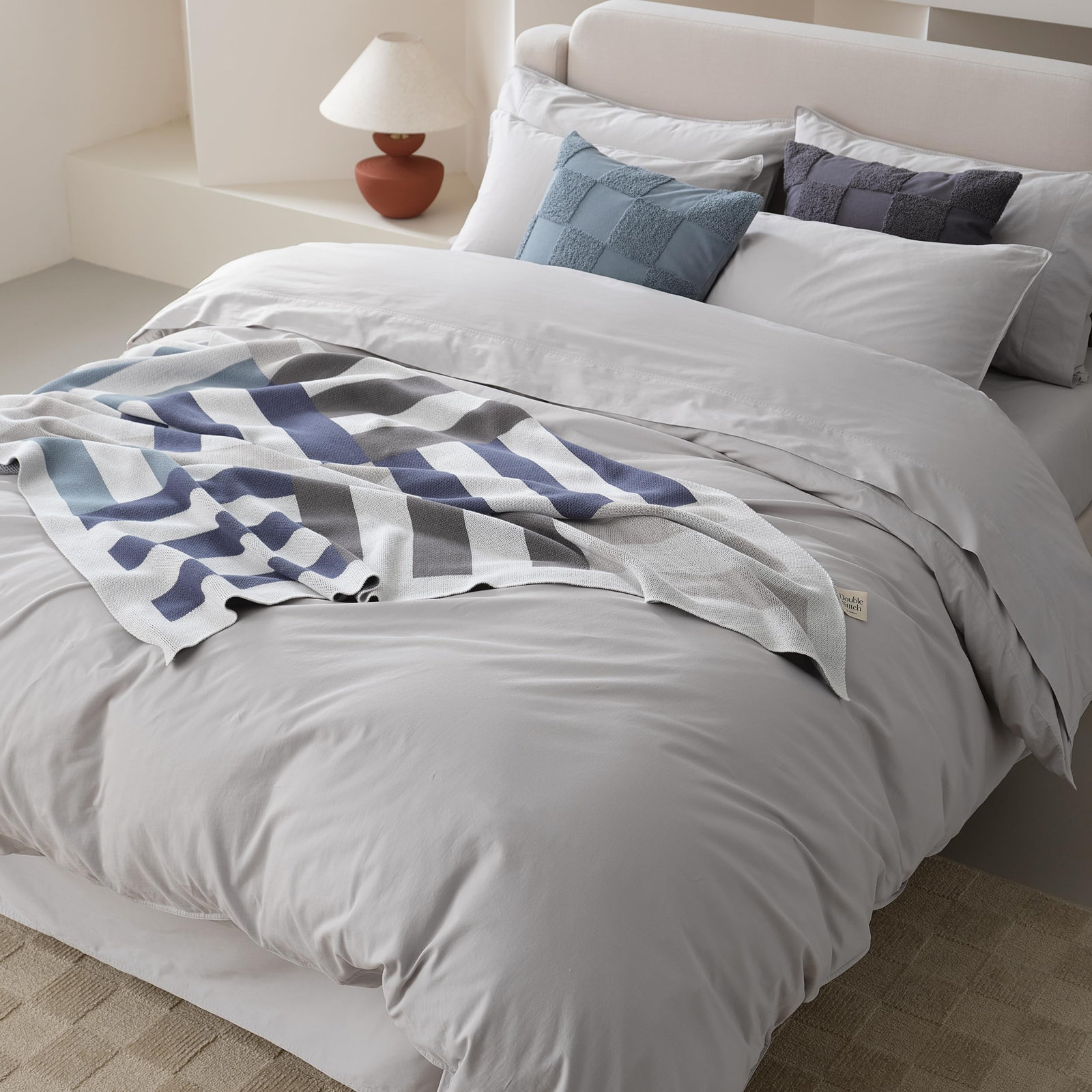 Double Stitch Cotton Duvet Cover Set, Queen Duvet Cover + 2 Pillow Shams, Gray