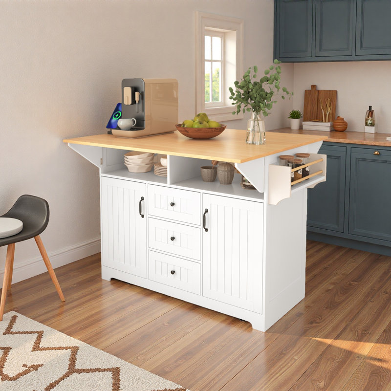 55.7'' Large Kitchen Island With 2 Drop Leaf,, Rolling Kitchen Cart On 5 Wheels With Power Outlet, Folding Storage Dining Table With Spice & Towel Rack , 3 Drawers, For Kitchen, Dining Room