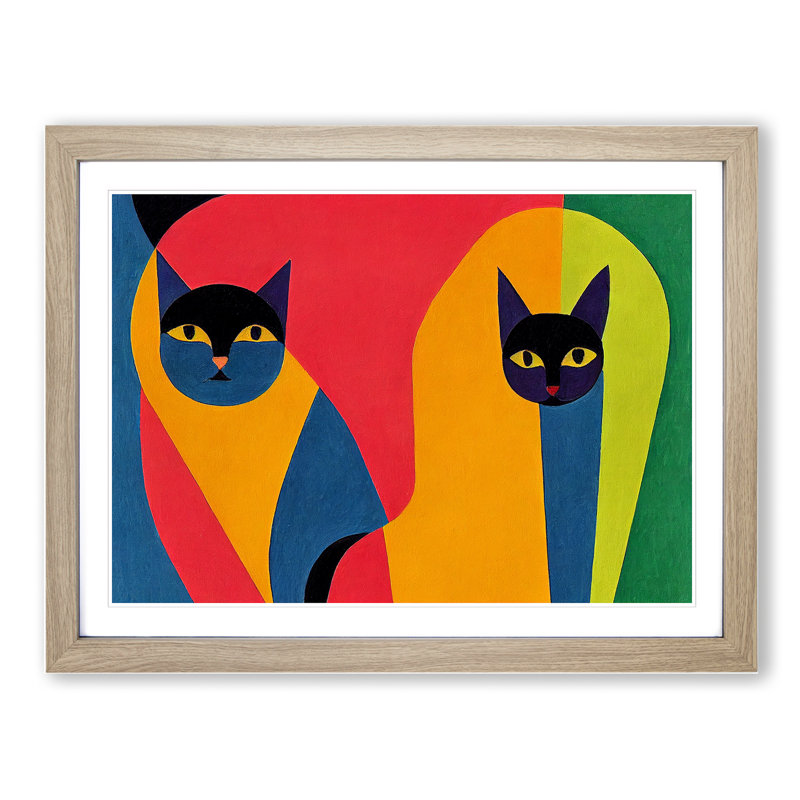 XH1022-9251X Two Abstract Cats Vol.7 - Single Picture Frame Print, Oak, 46cm H x 64cm W x 2cm D