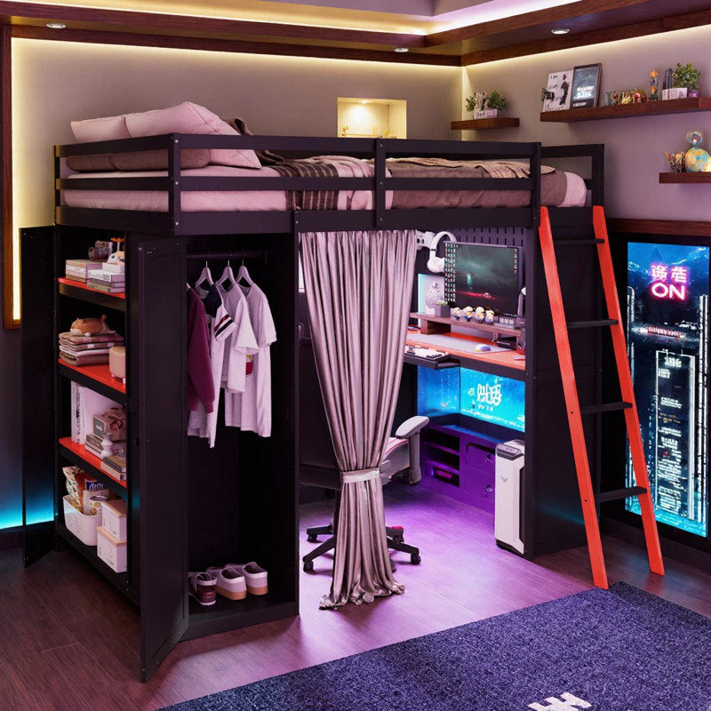 Space-Saving Full Size Wood Loft Bed with Built-In Desk, Wardrobe, Shelves, Blackout Curtains & APP-Controlled RGB Lights