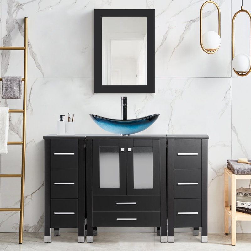 Meuble-lavabo simple 48 po avec plateau Graycelyn, Noir, Bleu