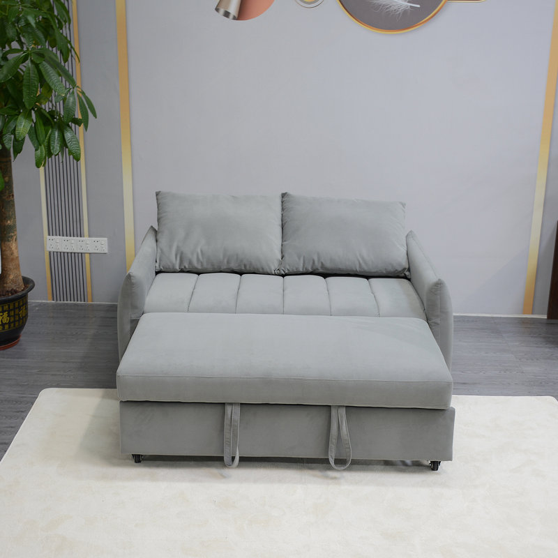 Convertible Loveseat Sofa Bed With Pull - Out Function, Adjustable Backrest, Velvet Upholstery, Side Pockets And Pillows For Living Spaces