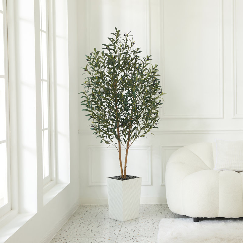 Faux olivier George avec protection UV, 2 troncs naturels, grand olivier décoratif en pot, Blanc, H 72 po x l 24 po x P 24 po