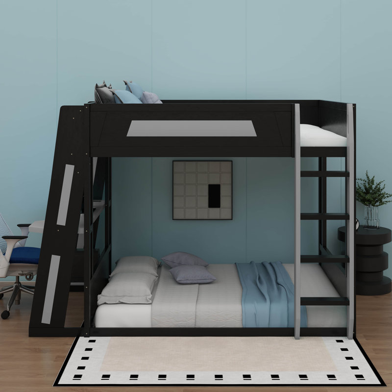 Grand lit superposé en bois avec bureau, tablettes, lumière USB et DEL, Grand lit, Noir/gris