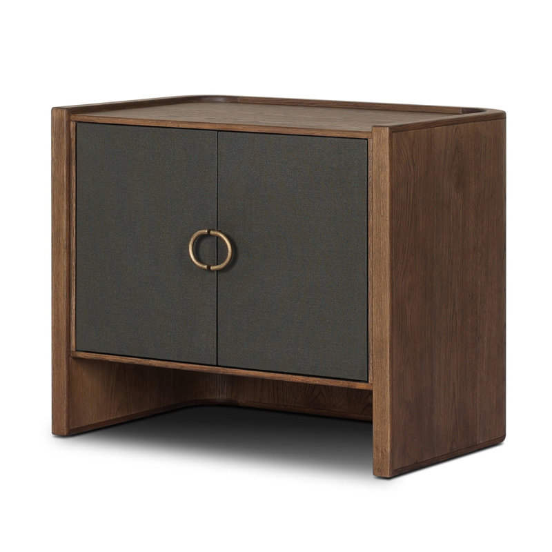 KIRAN Nightstand, Dark Green Lacquered Linen/Amber Oak Veneer