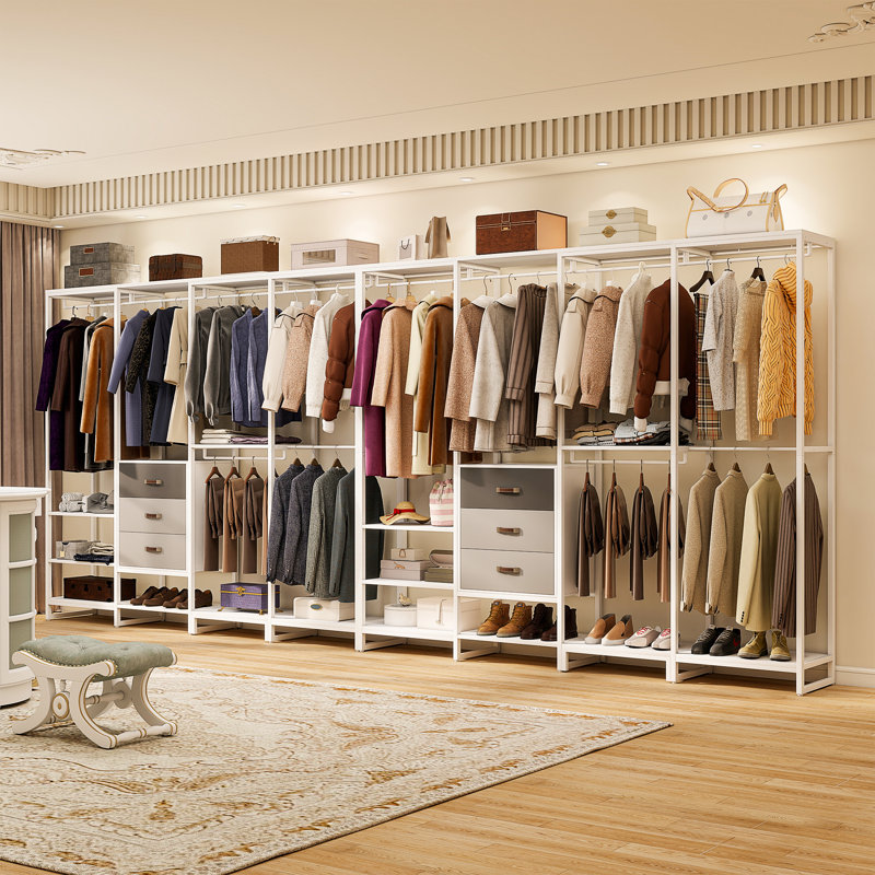 Shande 74'' Closet System with Drawers, White/Grey