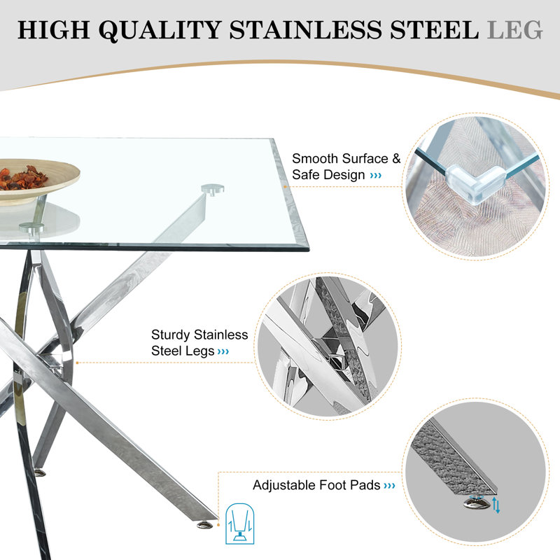 Glass Top Metal Base Dining Table, Silver