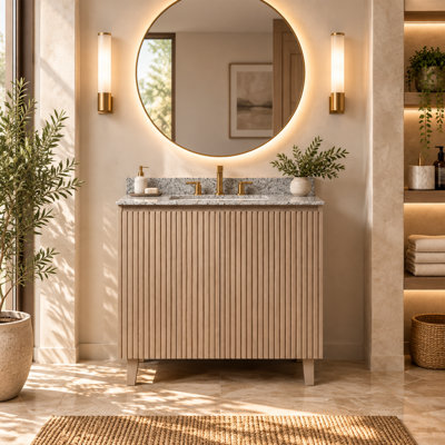 Meuble-lavabo sur pied cannelé de 91 cm (36 po) avec lavabo, comptoir en granit naturel et lavabo encastré en céramique, 3 trous prépercés pour robinetterie, armoire en chêne ancien.