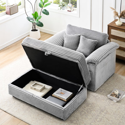 Fauteuil en velours côtelé de 48,52 pouces et tabouret de rangement - gris simple pour la chambre à coucher, doux au toucher, coussin à ressorts, fonction, rembourré à ressorts gris, chaud, deux, petit, idéal