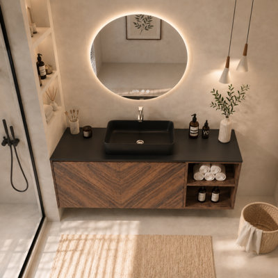 Meuble-lavabo mural 36 po avec comptoir en pierre frittée noire et vasque intégrée, finition noyer