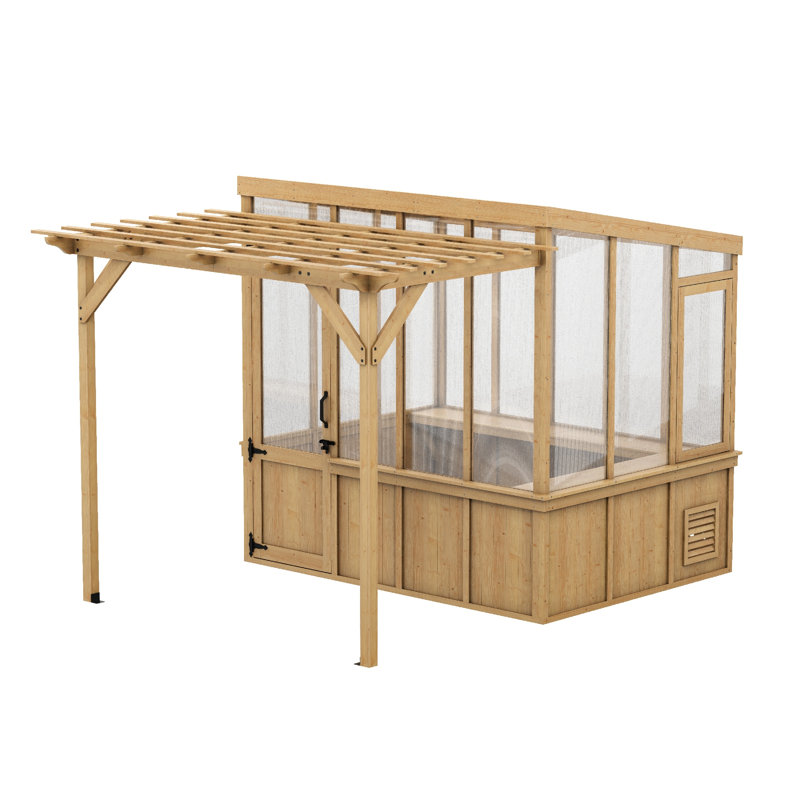 Serre d'extérieur en bois de cèdre avec pergola, panneaux en polycarbonate, fenêtre de ventilation et tablettes intégrées