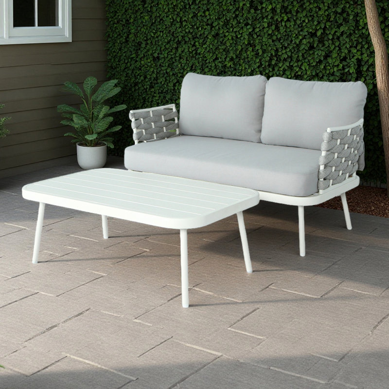 Causeuse et table en acier, 2 pièces: table, causeuse, Gris, Blanc cassé