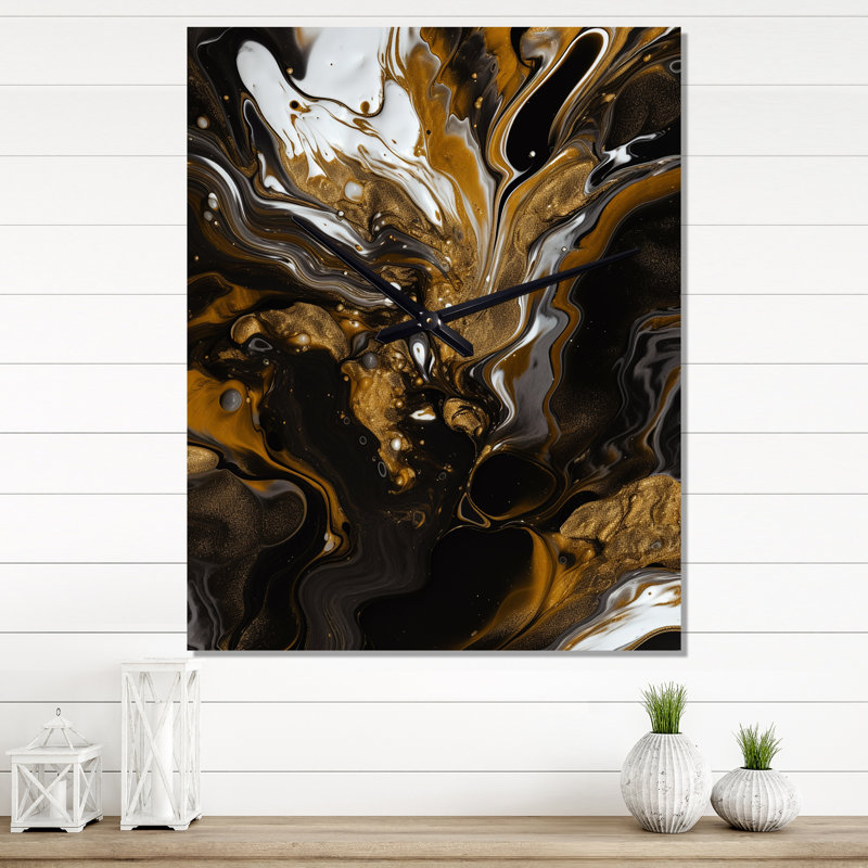 Gold Black Marbled Dreamscape III - Modern Geometric Very Large Wall Clocks, 40" H x 30" W x 1" D