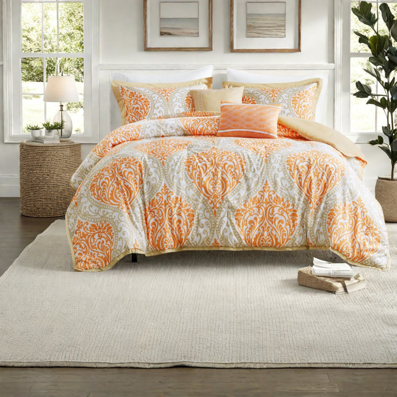 Modern Orange Cotton Bedding Sets, Full/queen, Damask Design, Comfortable For Home