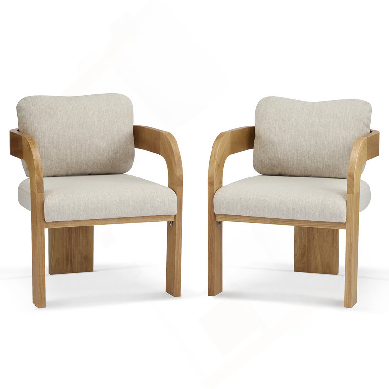 Ensemble de 2 chaises de salle à manger avec dossier coussiné, tissu blanc, structure en bois massif de couleur naturelle