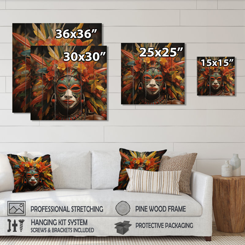 Danse des masques d'Afrique II - Masque africain sur bois, H 25 po x l 25 po