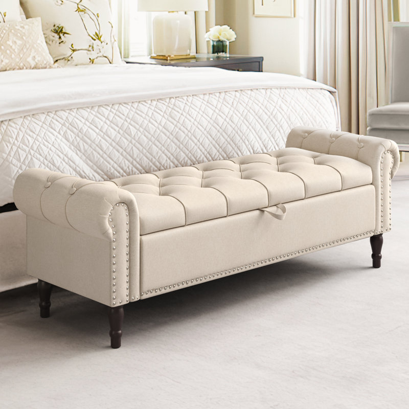 Banc de rangement rembourré Dawsey, Lin graine de lin, H 20,7 po x l 62,4 po x P 20,1 po