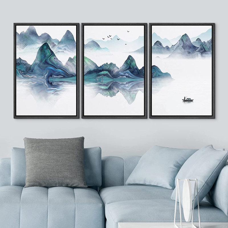 «Abstract Landscape Teal Mountain Range Natural Landscape Boat on the Lake», reproduction d'art sur toile 3 pièces, Noir