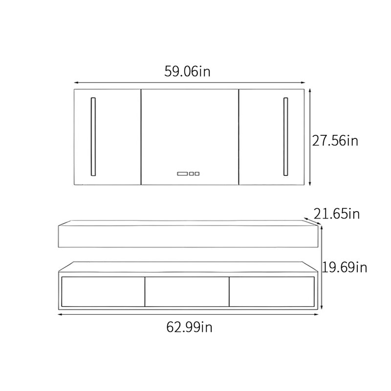 Armoire de salle de bain à la mode française, H 19,69 po x l 62,99 po x P 21,65 po