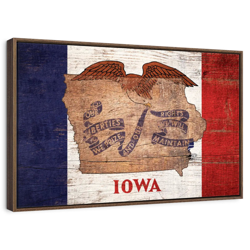 Carte d'État sur le drapeau de l'Iowa, Cadre flottant noyer, 31 po x 21 po