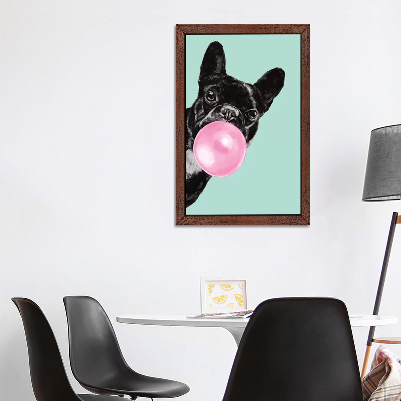 Sneaky Bulldog Blowing Bubble Gum by Big Nose Work - Print on Canvas, 66.04 cm H x 45.72 cm W, Brown Framed
