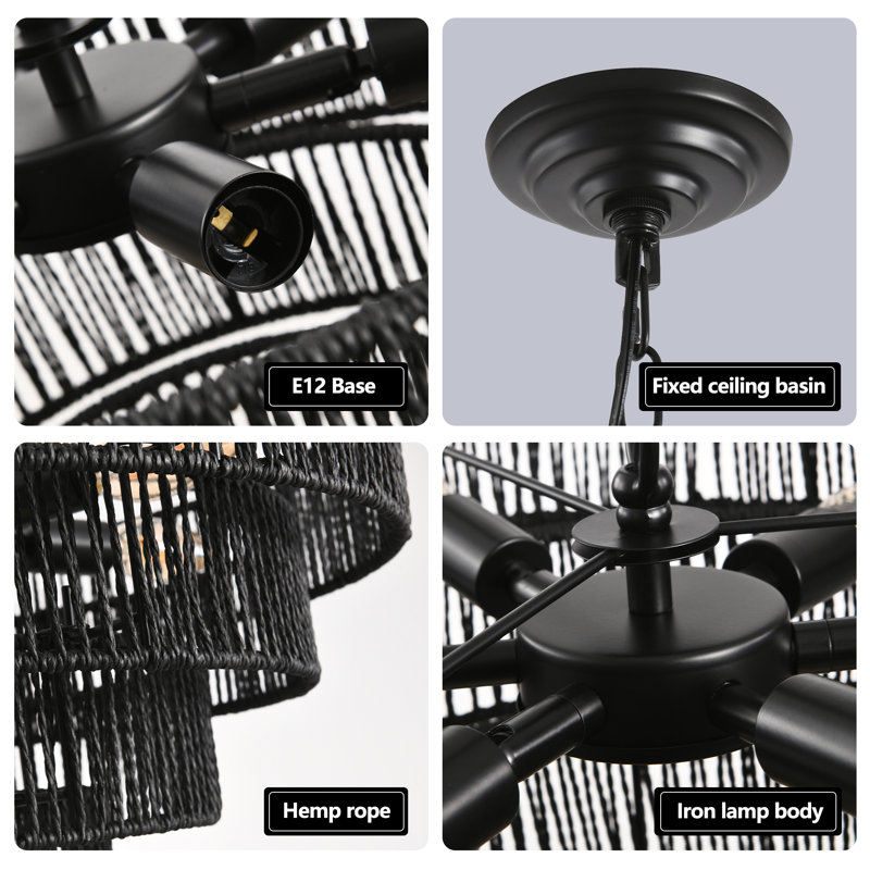 8-Light Black Hemp Rope Chandelier, Tiered Chandelier
