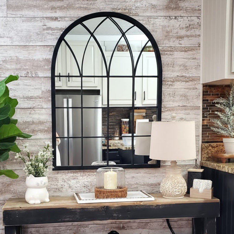 Arched Windowpane Wall Mirror, Distressed White, Farmhouse Decorative Accent Mirro, Black