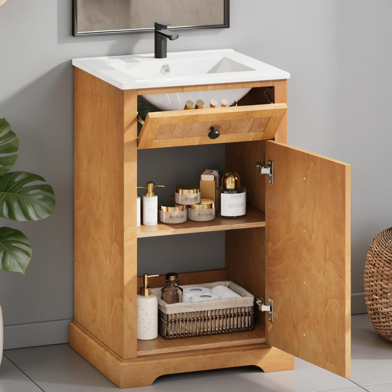Meuble-lavabo de 20 pouces avec lavabo en céramique intégré et porte à fermeture en douceur, structure de fond en bois massif pour les petites et moyennes toilettes