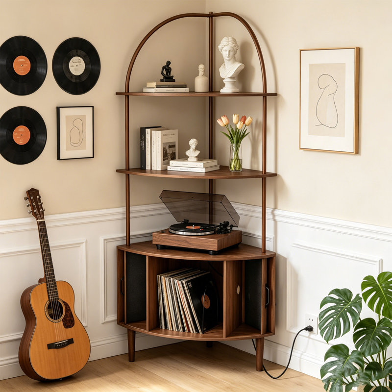 Support pour tourne-disque de coin haut avec rangement, bibliothèque à 4 niveaux avec armoire de rangement incurvée et porte coulissante