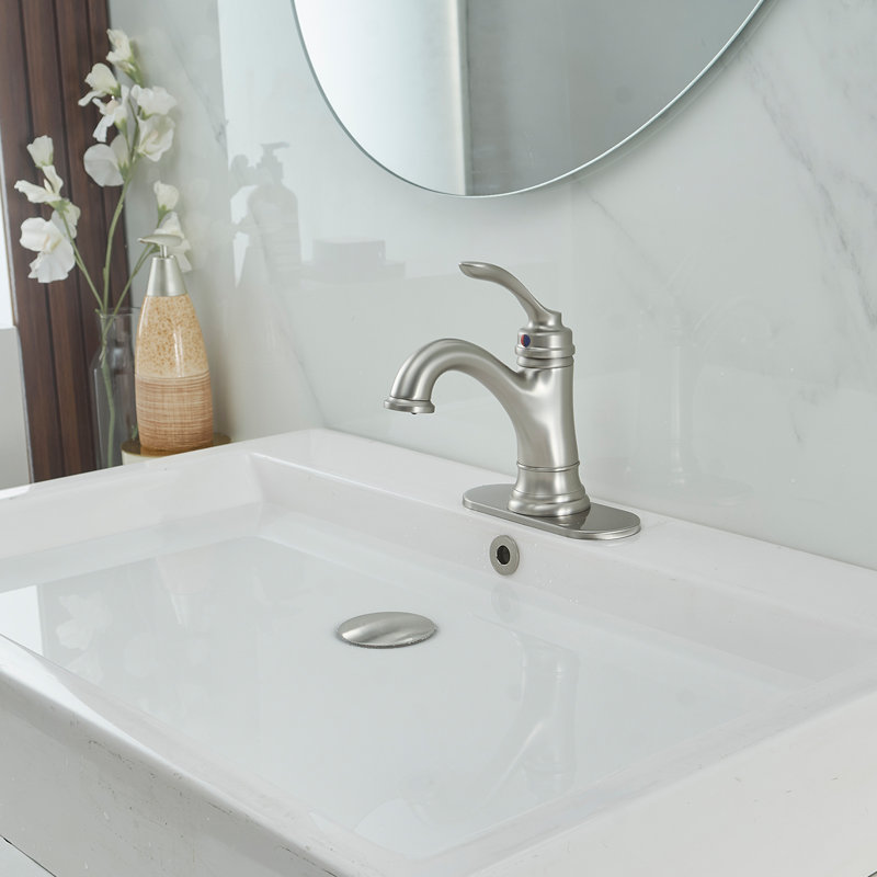 Robinet pour salle de bain à poignée simple avec drain, Nickel brossé