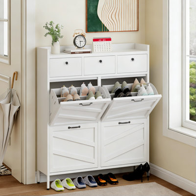 Slim Metal Shoe Cabinet Organizer, White, Freestanding Entryway Storage Rack With 4 Flip Drawers And 3 Standard Drawers, Anti-Tip Design | Gift Idea