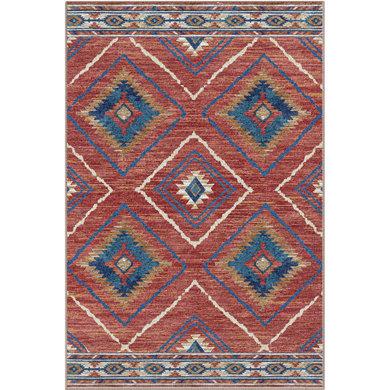 Machine Washable Non Slip Western Area Rugs for Living Room Bedroom Dining Room, Rectangle 6' x 9', Red/Orange