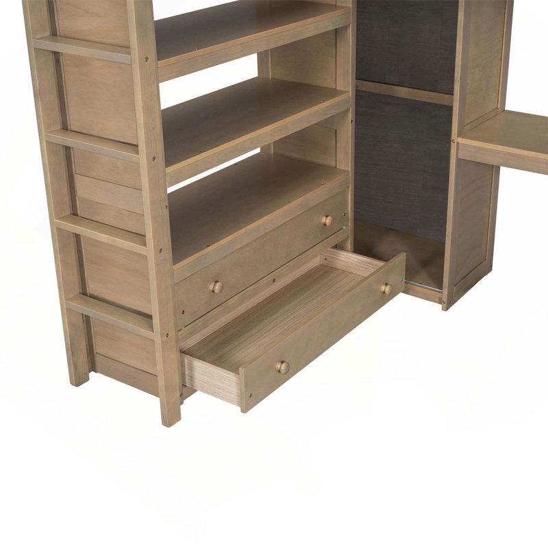 Lit mezzanine en bois avec garde-robe intégrée, bureau, tablettes de rangement et tiroirs pour le rangement de chambre à coucher et les postes de travail